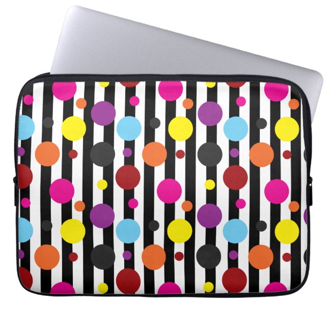 Kleurrijke polka dots zwart wit strepen ontwerp laptop sleeve (Voorkant)