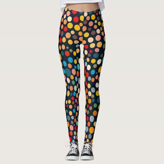 Kleurrijke polka stippen op donkere achtergrond leggings (Voorkant)