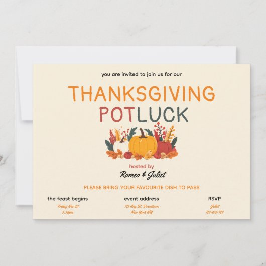 Kleurrijke Pompoen Thanksgiving Potluck Uitnodigin Kaart (Voorkant)