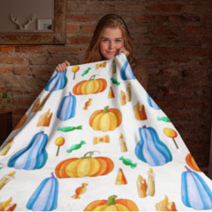 Kleurrijke Pompoenen Herfst Waterverf Blauw Oranje Fleece Deken