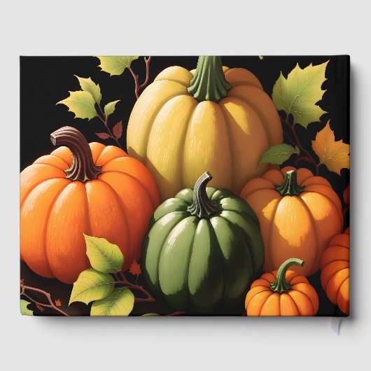 Kleurrijke pompoenen zwarte achtergrond gastenboek (Achterkant)