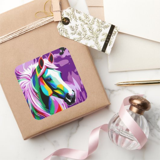 Kleurrijke Pony Vierkante Sticker (Geschenken)