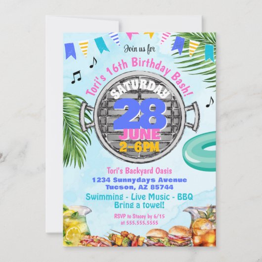 Kleurrijke Pool BBQ Verjaardagsfeestuitnodiging Kaart (Voorkant)