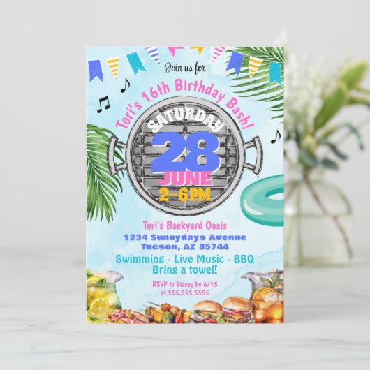 Kleurrijke Pool BBQ Verjaardagsfeestuitnodiging Kaart (Staand voorkant)