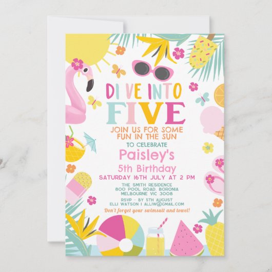 Kleurrijke Pool Party Duik in Vijf 5e Verjaardag Kaart (Voorkant)