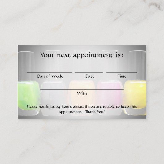 Kleurrijke Poolse flessen, benoeming van Nail Salo Afsprakenkaartje (Achterkant)