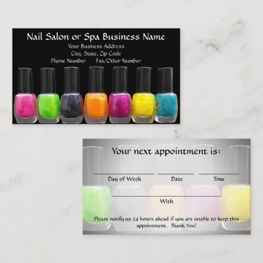 Kleurrijke Poolse flessen, benoeming van Nail Salo Afsprakenkaartje (Voorkant / Achterkant)