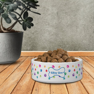Kleurrijke Pootafdrukken Hond Naam in Bot Voerbakje