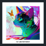 Kleurrijke Pop Art Bewerkbare Kat en vlinder Poster<br><div class="desc">Dit afbeelding heeft een close-up van het gezicht van een kat met een levendige, veelkleurige vlinder die in de buurt van zijn neus zweeft. De ogen van de kat zijn groot en levendig groen, wat bijdraagt aan het boeiende effect van de scène. De achtergrond bestaat uit dynamische, abstracte patronen en...</div>