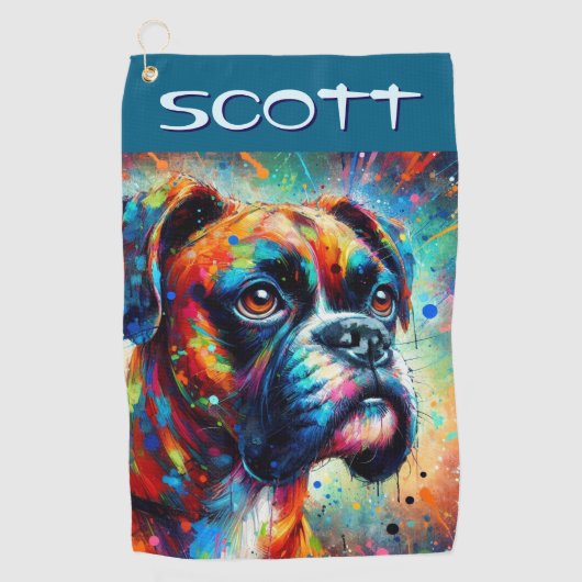 Kleurrijke Pop Art Boxer Dog Gepersonaliseerd Blau Golfhanddoek (Voorkant)