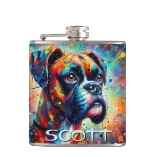 Kleurrijke Pop Art Boxer Dog Gepersonaliseerd Blau Heupfles