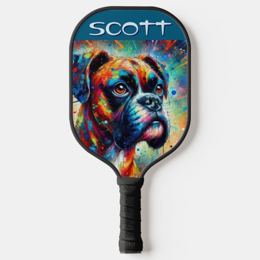 Kleurrijke Pop Art Boxer Dog Gepersonaliseerd Blau Pickleball Paddle (Voorkant)