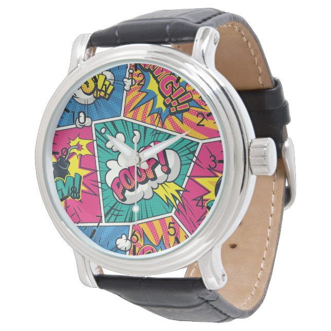 Kleurrijke Pop Art Design - Whimsical Retro Comic Horloge (Gekanteld)