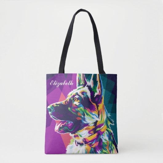 Kleurrijke Pop Art Duitse herder gepersonaliseerd Tote Bag (Voorkant)