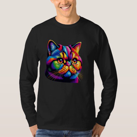 Kleurrijke Pop Art Exotic Korthaar Kortharige Pers T-shirt (Voorkant)