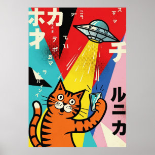 Kleurrijke Pop Art Kat met UFO Illustratie Retro Poster