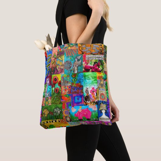 Kleurrijke Pop Art Mixed-Media Collage Tote Bag (Dichtbij)