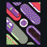 Kleurrijke Pop Art Snoep Pattern Poster<br><div class="desc">Een speels pop art abstract ontwerp met snoepjes vormen in felle limoengroen,  paarse en rode kleuren op een gedurfde zwarte achtergrond. Elke snoep vorm is versierd met sprenkels,  strepen en stippen,  het creëren van een leuke en energieke Memphis-geïnspireerde stijl. De levendige compositie brengt een zoete,  moderne en jeugdige esthetiek.</div>