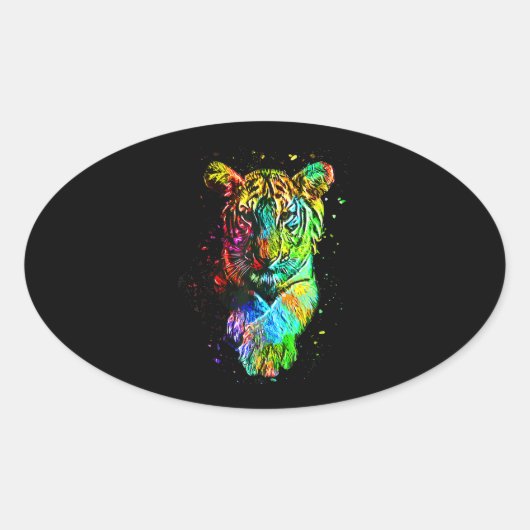 Kleurrijke Pop Art Tiger Ovale Sticker (Voorkant)