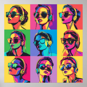 Kleurrijke Pop Art Vrouwen met Zonnebril & Hoofdte Poster