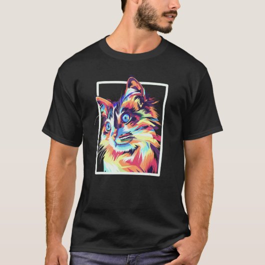 Kleurrijke Pop Maine Coon Kat T-shirt (Voorkant)