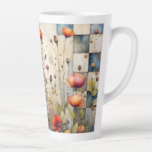 Kleurrijke Poppies Bloemen Rustiek Blauw Patchwork Latte Mok