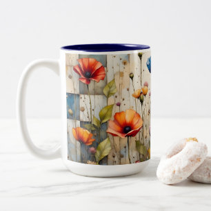 Kleurrijke Poppies Bloemen Rustiek Blauw Patchwork Tweekleurige Koffiemok