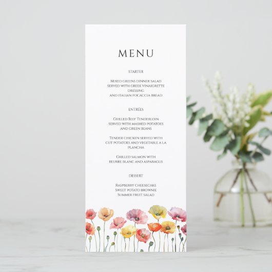 Kleurrijke poppy wilde bloemen bruiloft menu (Staand voorkant)