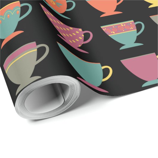 Kleurrijke porseleinthee-bekertjes, winterkoffie-m cadeaupapier (Rol Hoek)