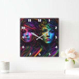 Kleurrijke portretten van twee vrouwen vierkante klok