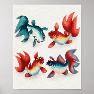 Kleurrijke Poster met Vier Vissen Oceaan Kunst