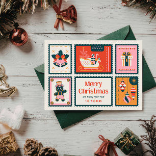 Kleurrijke Postzegels Prettig Kerstfeest Groet   Feestdagenkaart