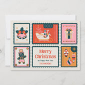 Kleurrijke postzegels Vrolijke kerstgroet Feestdagenkaart (Voorkant)