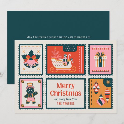 Kleurrijke postzegels Vrolijke kerstgroet Feestdagenkaart (Voorkant / Achterkant)