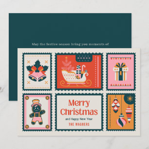 Kleurrijke postzegels Vrolijke kerstgroet Feestdagenkaart