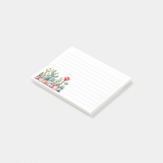 Kleurrijke potcactussen en vetplanten gevoerd post-it® notes (Schuin)