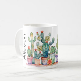 Kleurrijke potcactussen en vetplanten met naam koffiemok