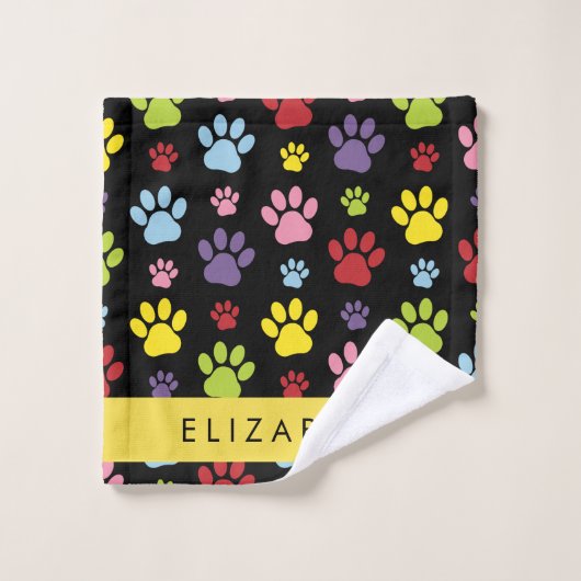 Kleurrijke poten, Paw Pattern, Dog Paws, Jouw naam Bad Handdoek (Wasdoekje)