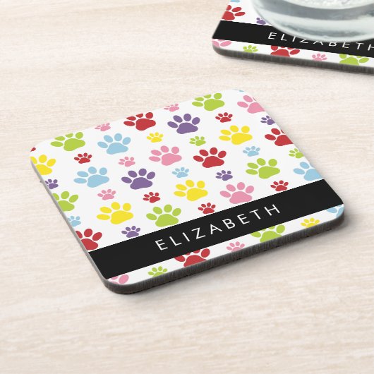 Kleurrijke poten, Paw Pattern, Dog Paws, Jouw naam Bier Onderzetter (Linkerzijde)