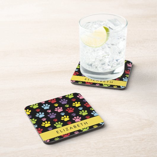 Kleurrijke poten, Paw Pattern, Dog Paws, Jouw naam Bier Onderzetter (Rechterzijde)