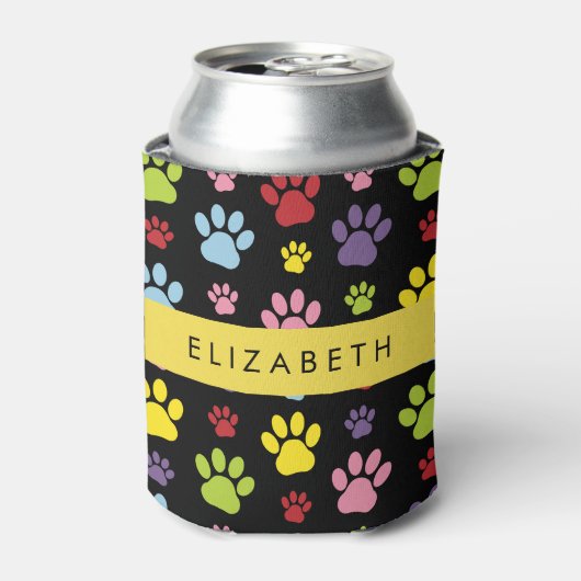 Kleurrijke poten, Paw Pattern, Dog Paws, Jouw naam Blikjeskoeler (Blikje Voorkant)