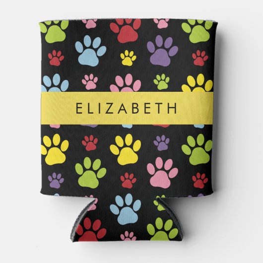Kleurrijke poten, Paw Pattern, Dog Paws, Jouw naam Blikjeskoeler (Voorkant)