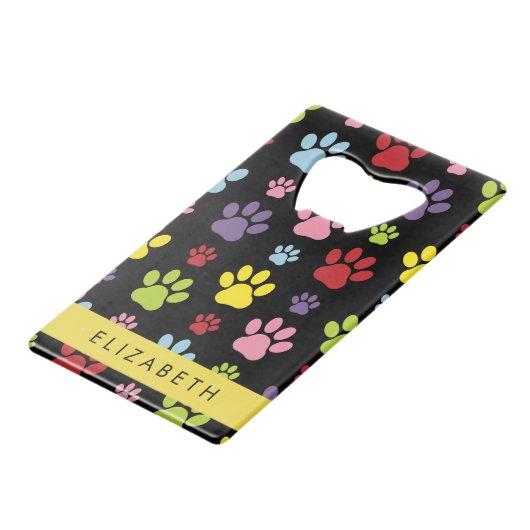 Kleurrijke poten, Paw Pattern, Dog Paws, Jouw naam Creditkaart Flessenopener (Achterkant Gekanteld)