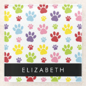 Kleurrijke poten, Paw Pattern, Dog Paws, Jouw naam Glazen Onderzetter (Voorkant)
