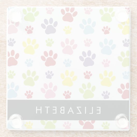 Kleurrijke poten, Paw Pattern, Dog Paws, Jouw naam Glazen Onderzetter (Achterkant)