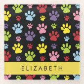 Kleurrijke poten, Paw Pattern, Dog Paws, Jouw naam Glazen Onderzetter (Voorkant)