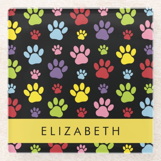 Kleurrijke poten, Paw Pattern, Dog Paws, Jouw naam Glazen Onderzetter (Voorkant)