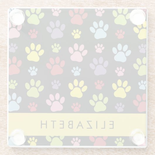 Kleurrijke poten, Paw Pattern, Dog Paws, Jouw naam Glazen Onderzetter (Achterkant)
