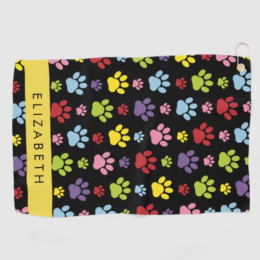 Kleurrijke poten, Paw Pattern, Dog Paws, Jouw naam Golfhanddoek (Horizontaal)