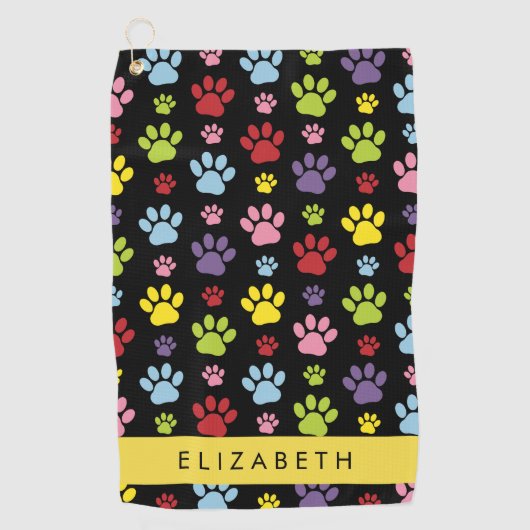 Kleurrijke poten, Paw Pattern, Dog Paws, Jouw naam Golfhanddoek (Voorkant)